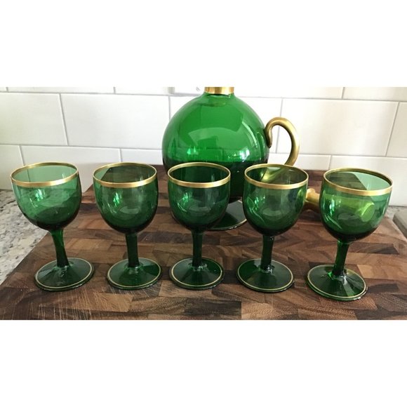 IRICE Green Decanter/Carafe Set & 5 Cordial Glasses Gold Trim Made In Germany - Picture 3 of 6